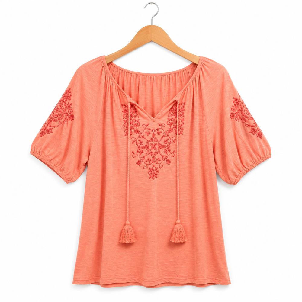 Style & Co Top Womens Size Large Coral Cotton Modal Blend Embroidered Tassels